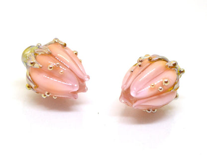 Pastel pink and gold flower glass beads, Pale pink beads, Artisan lampwork, Light pink beads, Floral glass beads