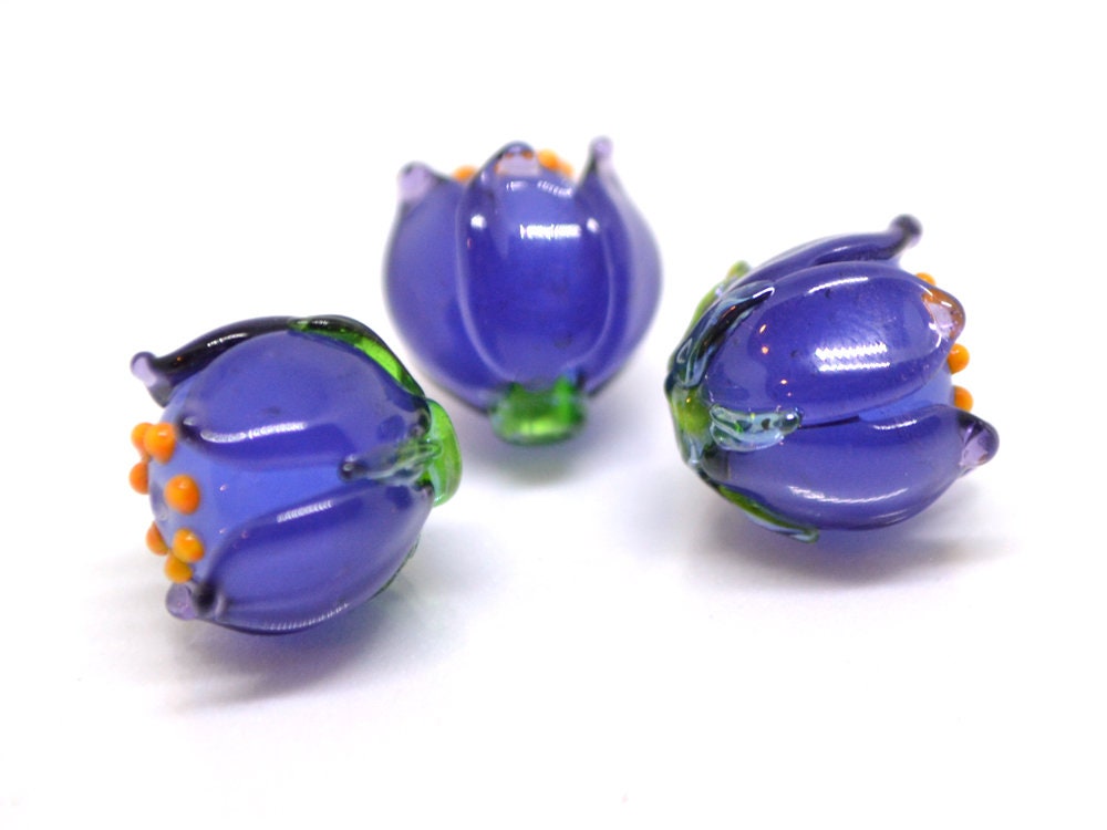 Purple bell flower beads, Lampwork bell beads, Purple flower beads, Artisan lampwork, handmade flower beads, 13mm beads, Floral lampwork