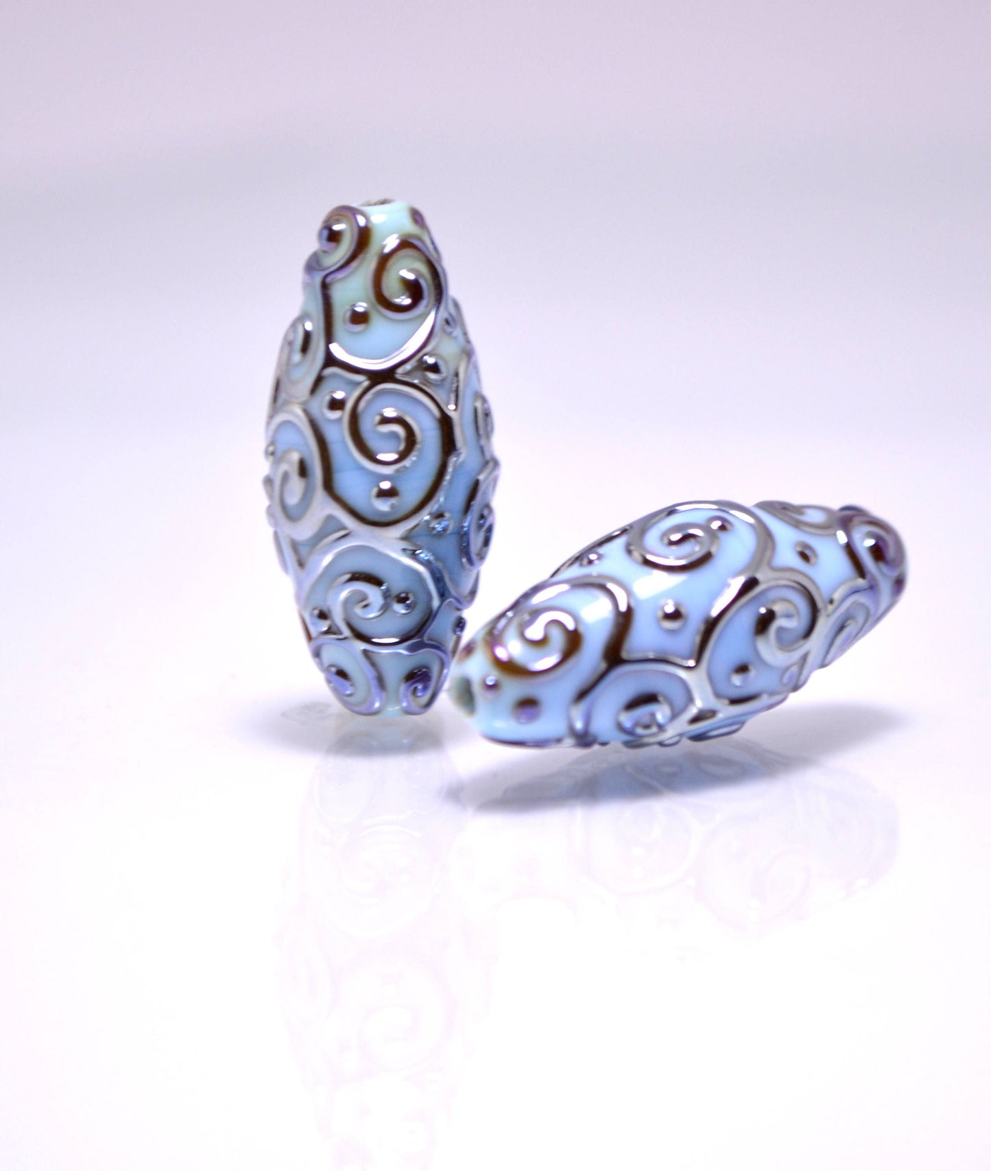 sky blue lampwork handmade bead oval swirl jewelry making artisan heavenly set silver mirror texture pendant curl rhombus wedding angelical