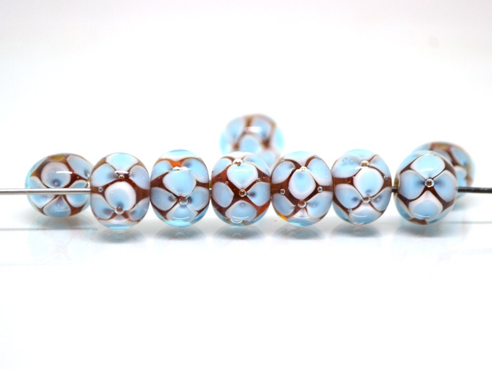 Blue 3d flowers on topaz beads, Rondelle beads, Blue flower Glass beads, Murano glass beads, Artisan lampwork