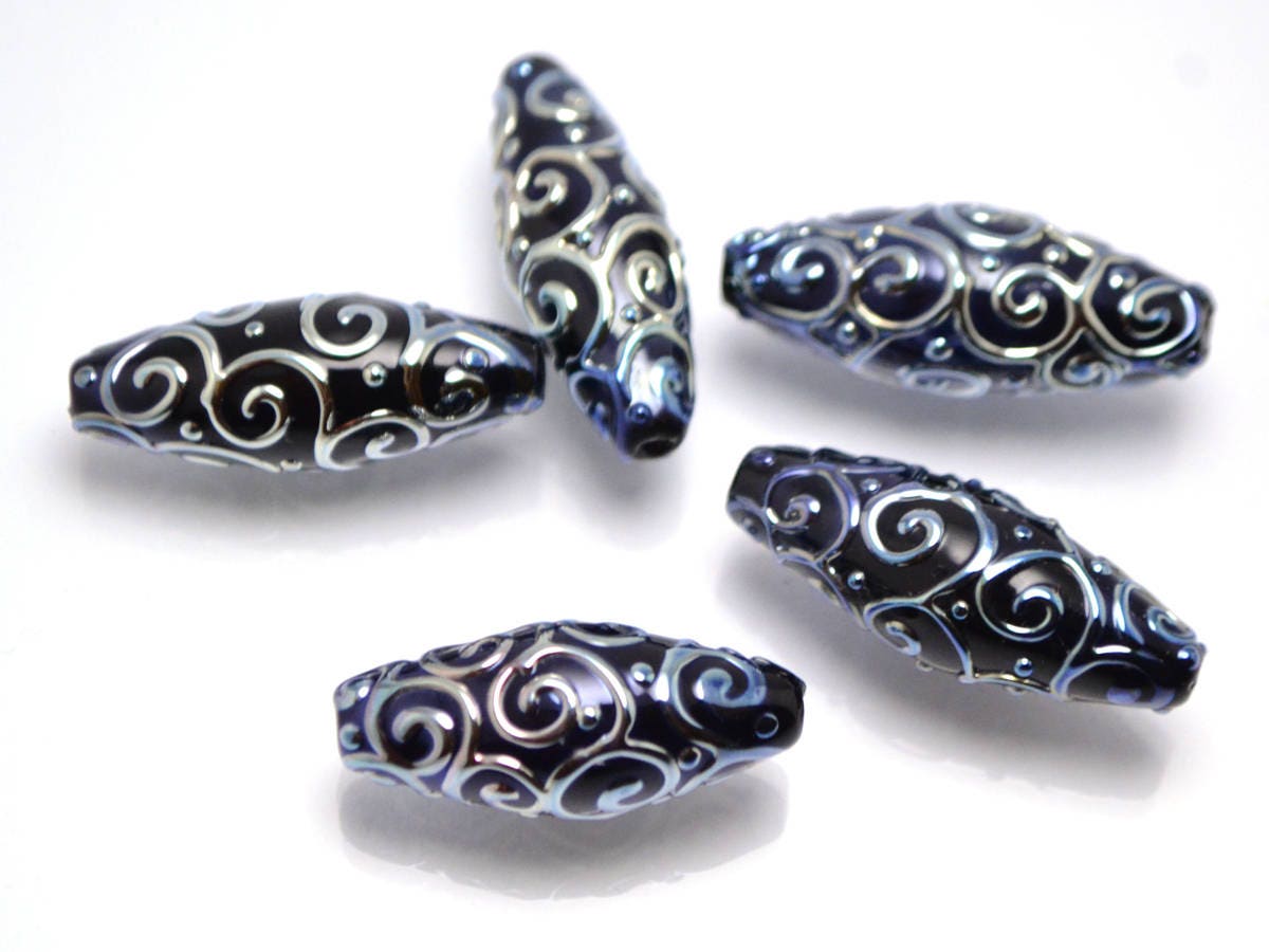black and silver artisan lampwork beads set  oval beads jewelry making rhombus curls bead chic sparkly beads large beads christmas bead