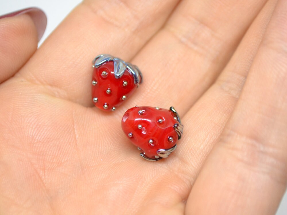 Big 12mm Strawberry lampwork beads, Red glass berry, Glass strawberry, Berry fruit beads, Red silver berry beads