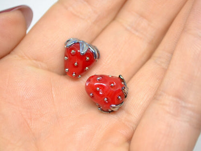 Big 12mm Strawberry lampwork beads, Red glass berry, Glass strawberry, Berry fruit beads, Red silver berry beads