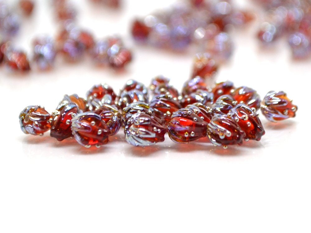 Red wine and silver floral lampwork beads, 7mm glass beads, Half drilled beads, Very small beads, Tiny beads