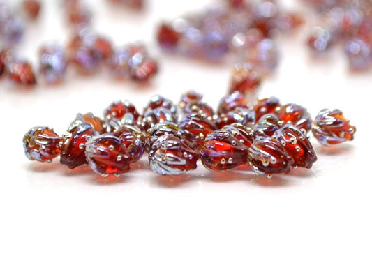 Red wine and silver floral lampwork beads, 7mm glass beads, Half drilled beads, Very small beads, Tiny beads