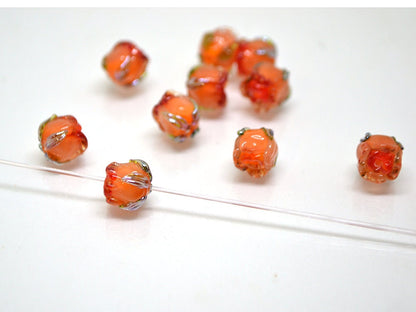 Small 7mm Orange rosebud beads, Rose glass beads, Floral lampwork, Orange glass beads, Handmade Lampwork