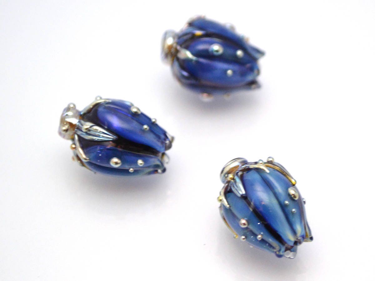Floral Pendant Focal Flower beads Artisan lampwork Glass Beads Handmade flower Glass flower beads Space Lampwork Blue beads Bud beads