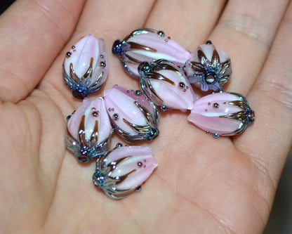 Milk pink and gold flower glass beads, Floral lampwork, Beads for jewelry, Artisan lampwork, Light pink beads, Handmade glass beads for you