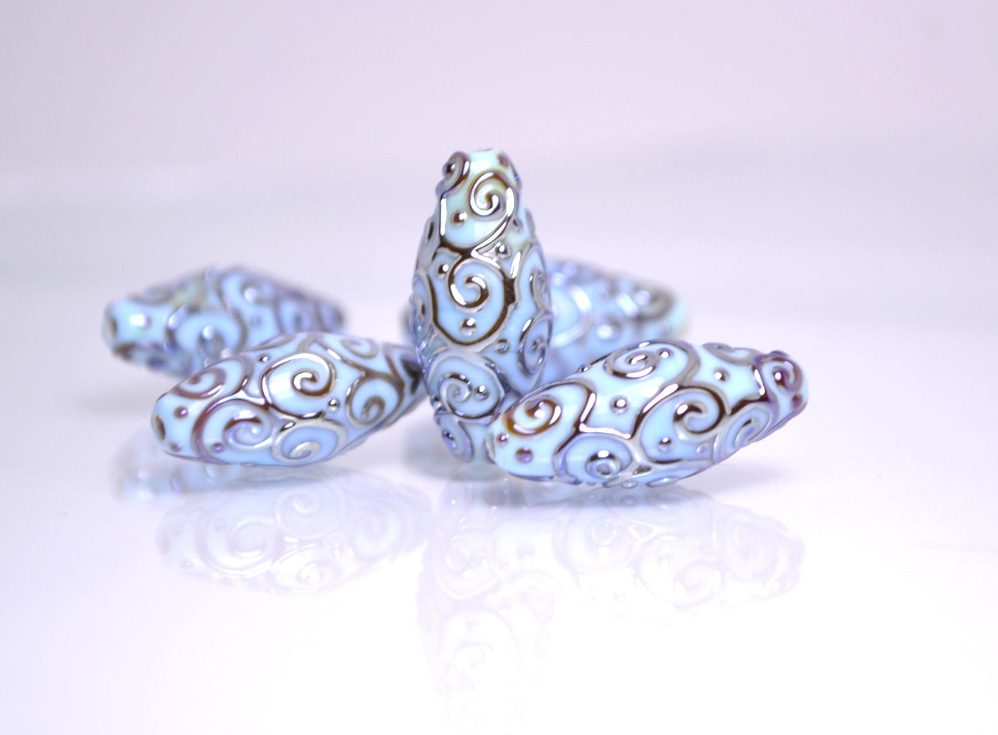 sky blue lampwork handmade bead oval swirl jewelry making artisan heavenly set silver mirror texture pendant curl rhombus wedding angelical
