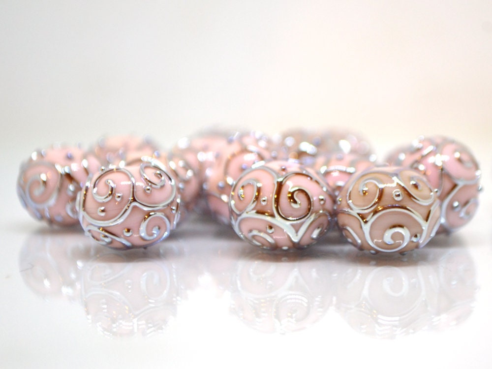 Pale pink beads with silver curls, Handmade glass beads, Artisan lampwork Set, SRA beads, Round beads, Jewelry making, Beads set