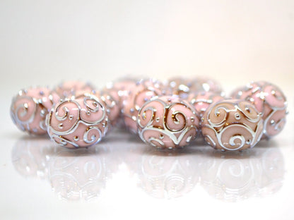Pale pink beads with silver curls, Handmade glass beads, Artisan lampwork Set, SRA beads, Round beads, Jewelry making, Beads set