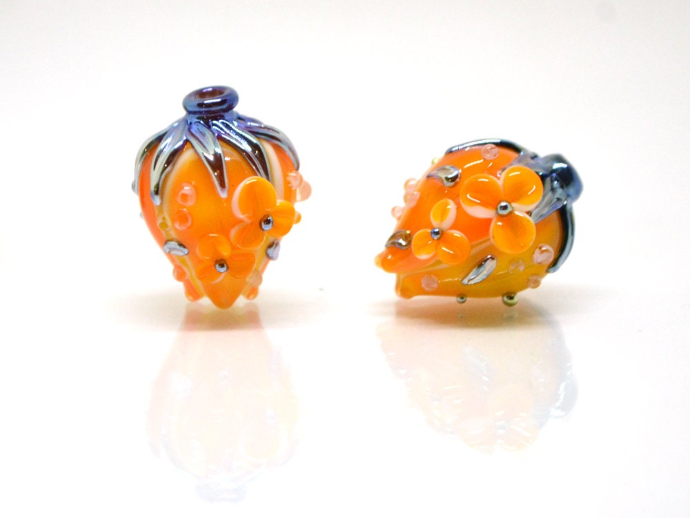 Light Orange flower bouquet lampwork beads, Honey yellow lampwork beads, SRA beads, Floral lampwork