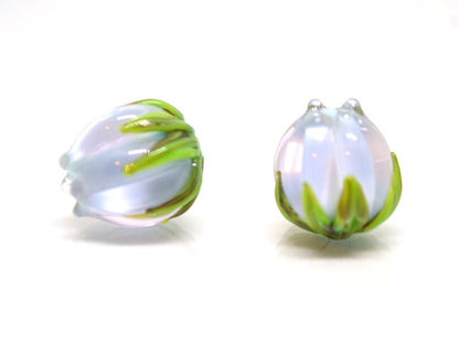 Pale blue and pink flower beads, Pastel Floral glass beads with green leaves, 12mm flower beads, Easter, Artisan lampwork
