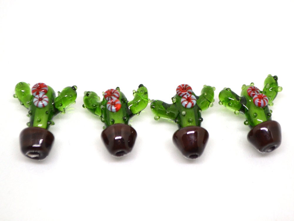 Glass cactus beads, Blooming cactus in a pot, Desert flower beads, Tequila beads, Artisan lampwork, Green flower beads