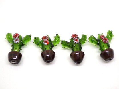 Glass cactus beads, Blooming cactus in a pot, Desert flower beads, Tequila beads, Artisan lampwork, Green flower beads