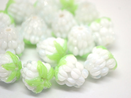 White lampwork raspberry, White glass berries, Berry jewelry making, Lampwork raspberries, Berry fruit beads, White Raspberry green leaf
