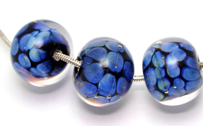 Black blue lampwork bead artisan lampwork jewelry making handmade bead round glass lampwork bead bracelet making blue dots black space bead