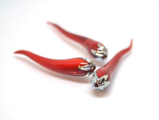 Red chili peppers, Lampwork chili beads, Red silver beads, Half-drilled beads, Vegetable beads, Farm beads