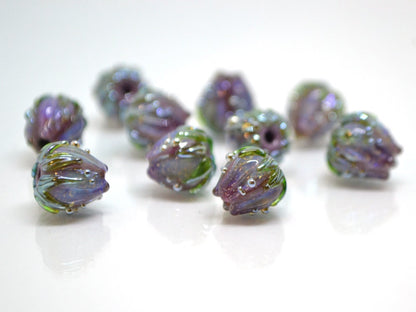 Purple lavender sparkling flower beads green leaves, stardust flower, 10mm flower beads, Glass flower beads Floral lampwork Artisan lampwork