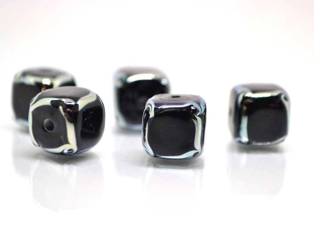 Black silver square beads, Black cube beads, Black spacer beads, Black lampwork beads, Artisan lampwork, 10mm cube beads, Geometric beads