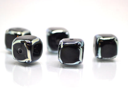 Black silver square beads, Black cube beads, Black spacer beads, Black lampwork beads, Artisan lampwork, 10mm cube beads, Geometric beads