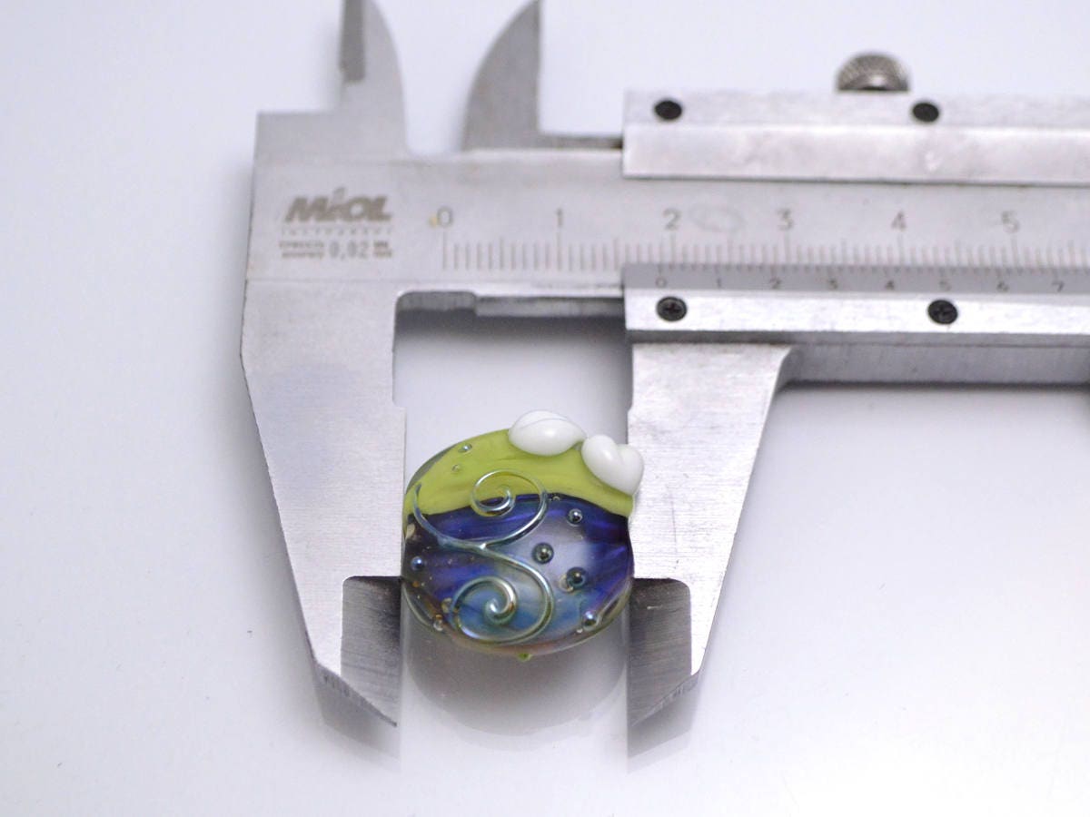 Chamomile lampwork pendant Lentils glass beads Light chrome green pendant Denim blue lampwork Curles beads Artisan lamwork Flower beads