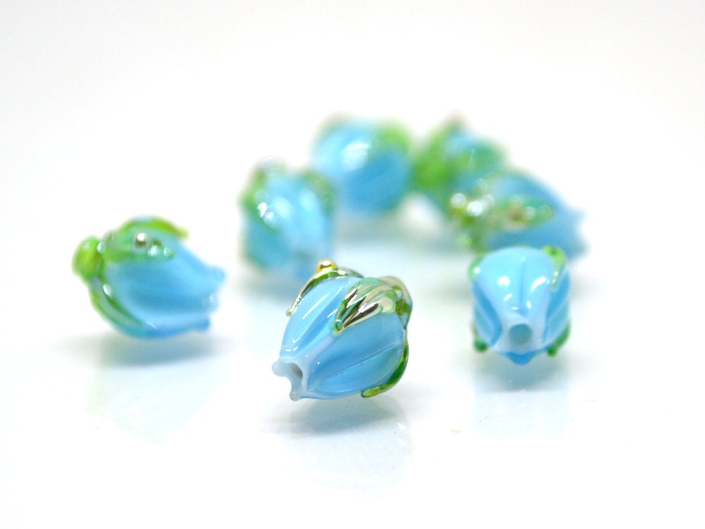 Aquamarine blue lampwork beads, Blue green flower beads, 9mm flower beads, Flower bud beads, Artisan lampwork