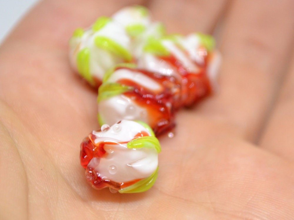 Red white rosebud beads, Red floral lampwork, Lampwork Earrings DIY, Glass rose beads, Spring lampwork, SRA beads, Lampwork pair
