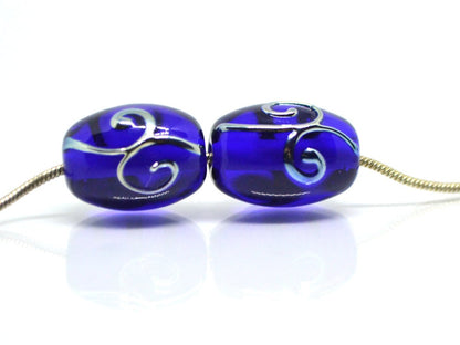Cobalt blue rice glass beads silver curles, Barrel Oval lampwork beads for you, Artisan lampwork, Jewelry supplies earrings making spacer