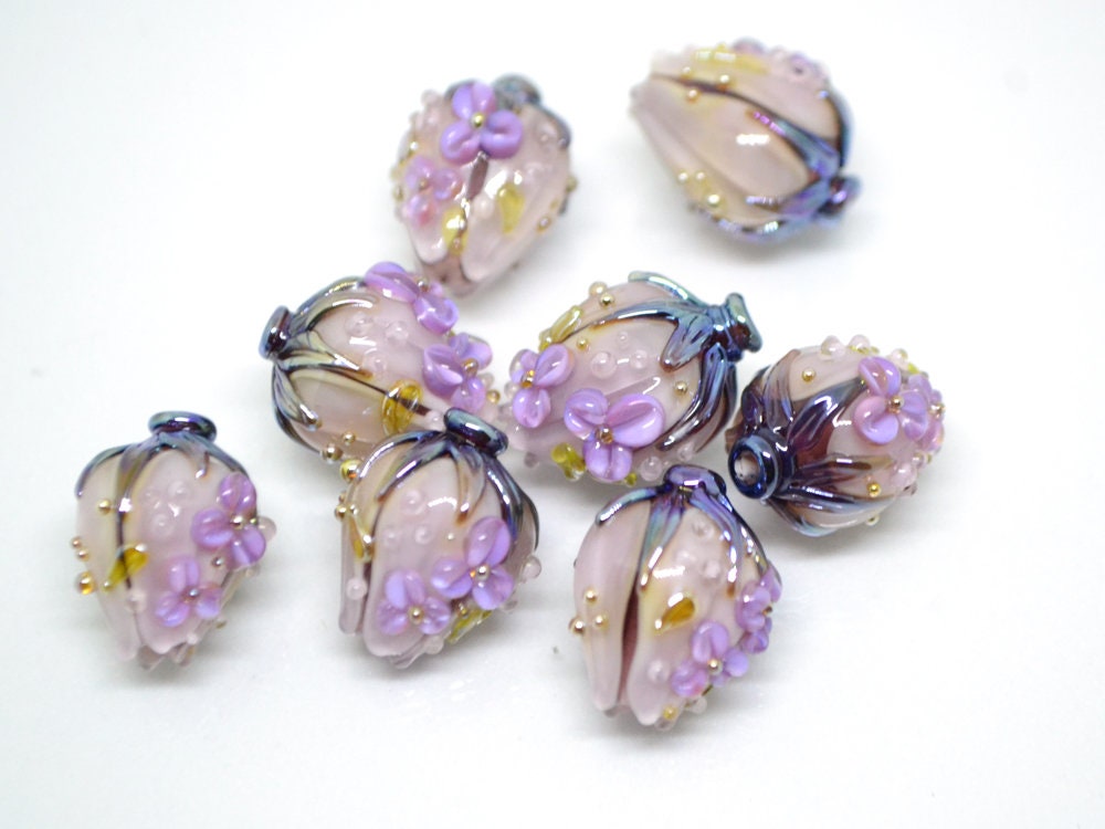 Pale purple flower bouquet lampwork beads, Light purple green mint lampwork beads, Artisan lampwork