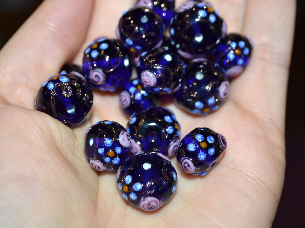 Cobalt Venetian Glass beads, Ethnic glass beads, Vintage bead jewelry, Glass murano beads, Dark blue beads, Beads for eariings,Lampwork bead
