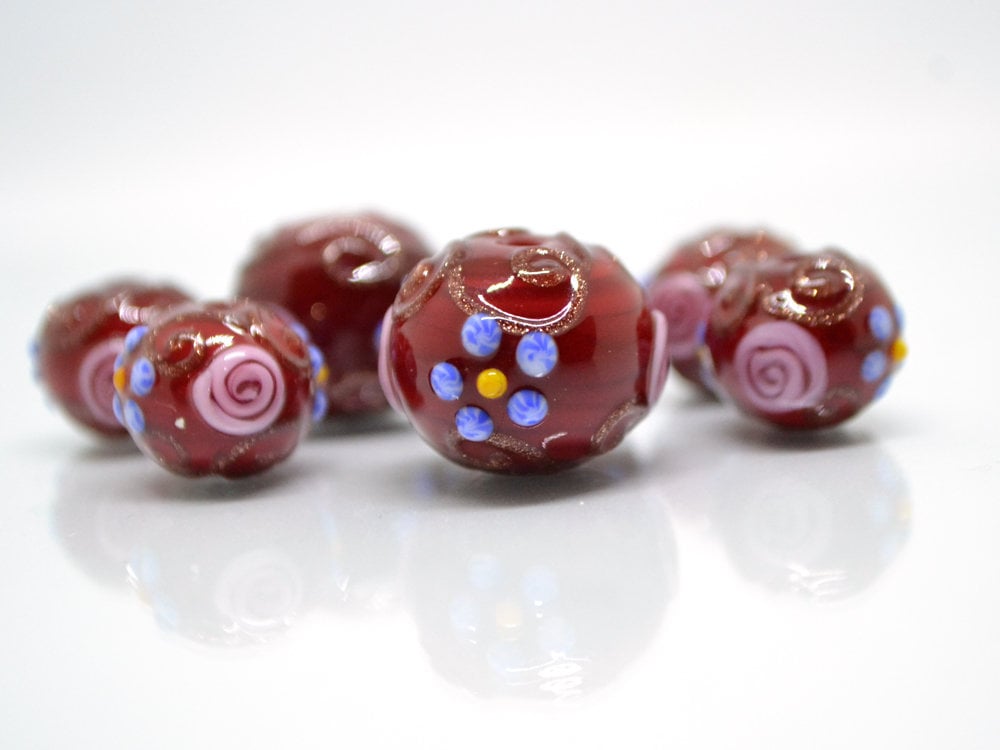 Murano glass red beads with blue pink flowers, Italian glass beads, Red glass beads, Venetian glass, Unusual beads, Bordeaux, vintage bead