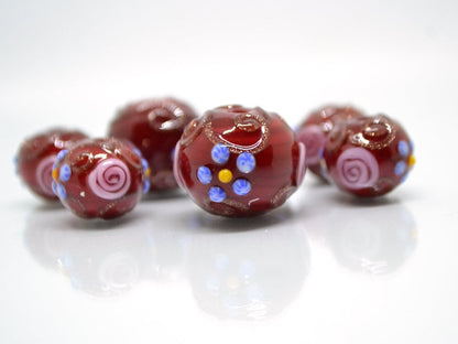 Murano glass red beads with blue pink flowers, Italian glass beads, Red glass beads, Venetian glass, Unusual beads, Bordeaux, vintage bead