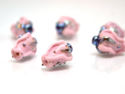 Pink twisted rosebud  beads, Opaque pink Glass rose bud Bead, Flower lampwork bead, Artisan lampwork beads