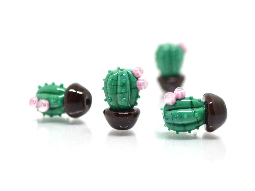 Glass cactus beads with pink flower, Dessert plants, Cactus flower in a pot pendant, Succulent beads