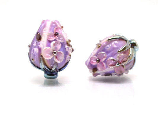 Lavender flower bouquet lampwork beads, Light purple lampwork beads, Artisan lampwork, beads for Designer