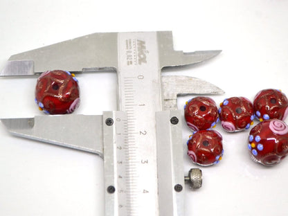 Murano glass red beads with blue pink flowers, Italian glass beads, Red glass beads, Venetian glass, Unusual beads, Bordeaux, vintage bead