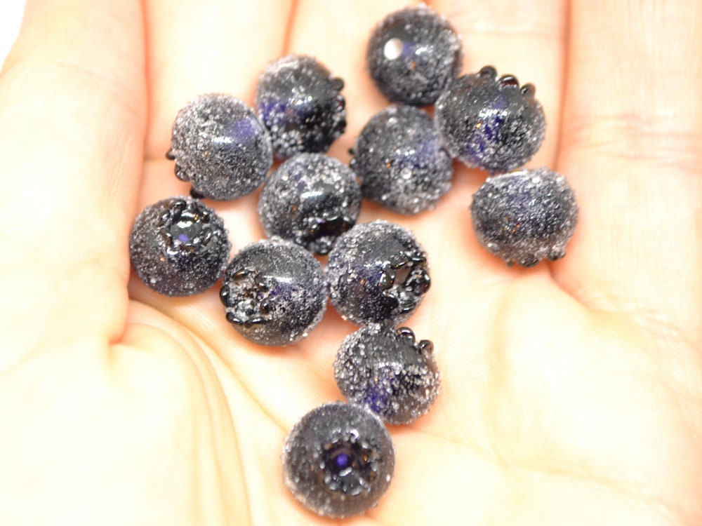 Dark purple glass berries, Frost berry beads, Lampwork blueberry, Purple berry, Glass fruits
