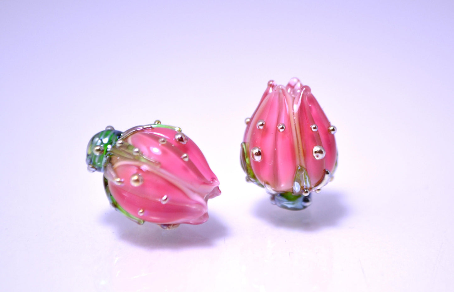 pink flower lampwork bead rose gold dots bud artisan handmade glass jewelry making dew green Leaf floral beads for earrings pendant wedding