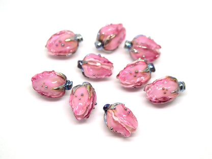 Amazing pink lampwork flower beads, Pink white glass floral beads, Focal lampwork beads