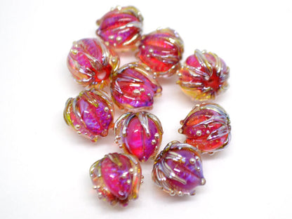 Fuchsia red gold flower beads, 10mm flower beads, Flower glass beads, Artisan Lampwork, Bright glass beads, Handmade glass art, Floral beads