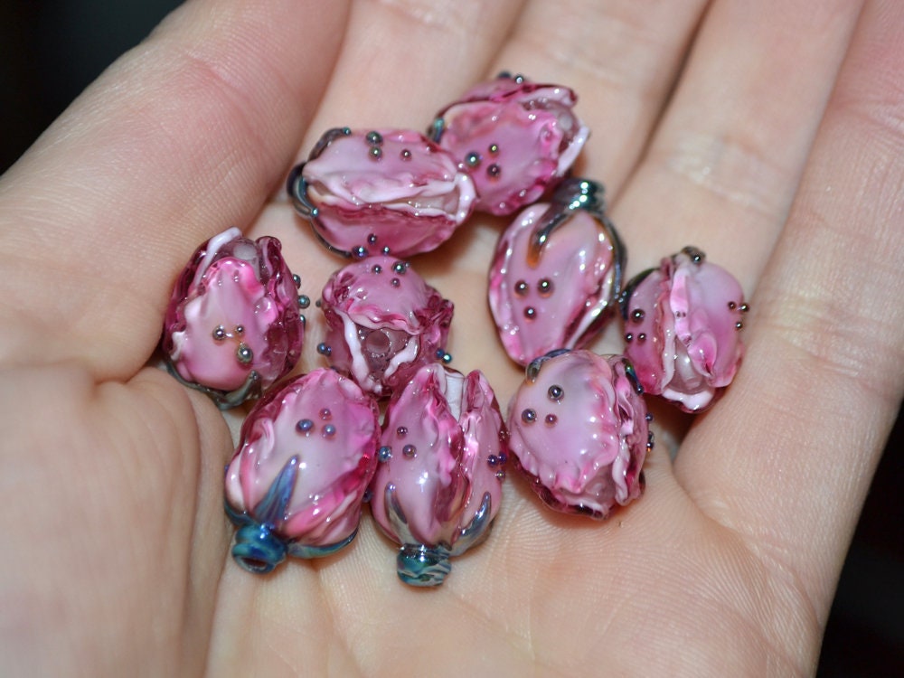 Amazing pink lampwork flower beads, Pink white glass floral beads, Focal lampwork beads