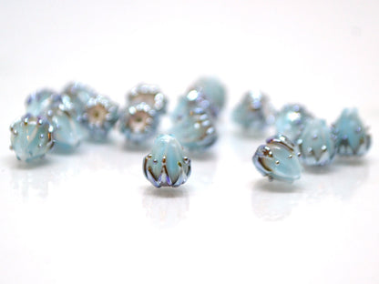 Very small 7mm pale blue and silver flower glass beads, Tiny flower beads,  Half drilled beads, Drilled Flowers