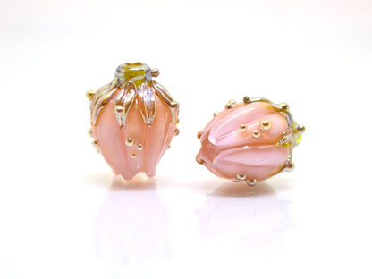 Pastel pink and gold flower glass beads, Pale pink beads, Artisan lampwork, Light pink beads, Floral glass beads