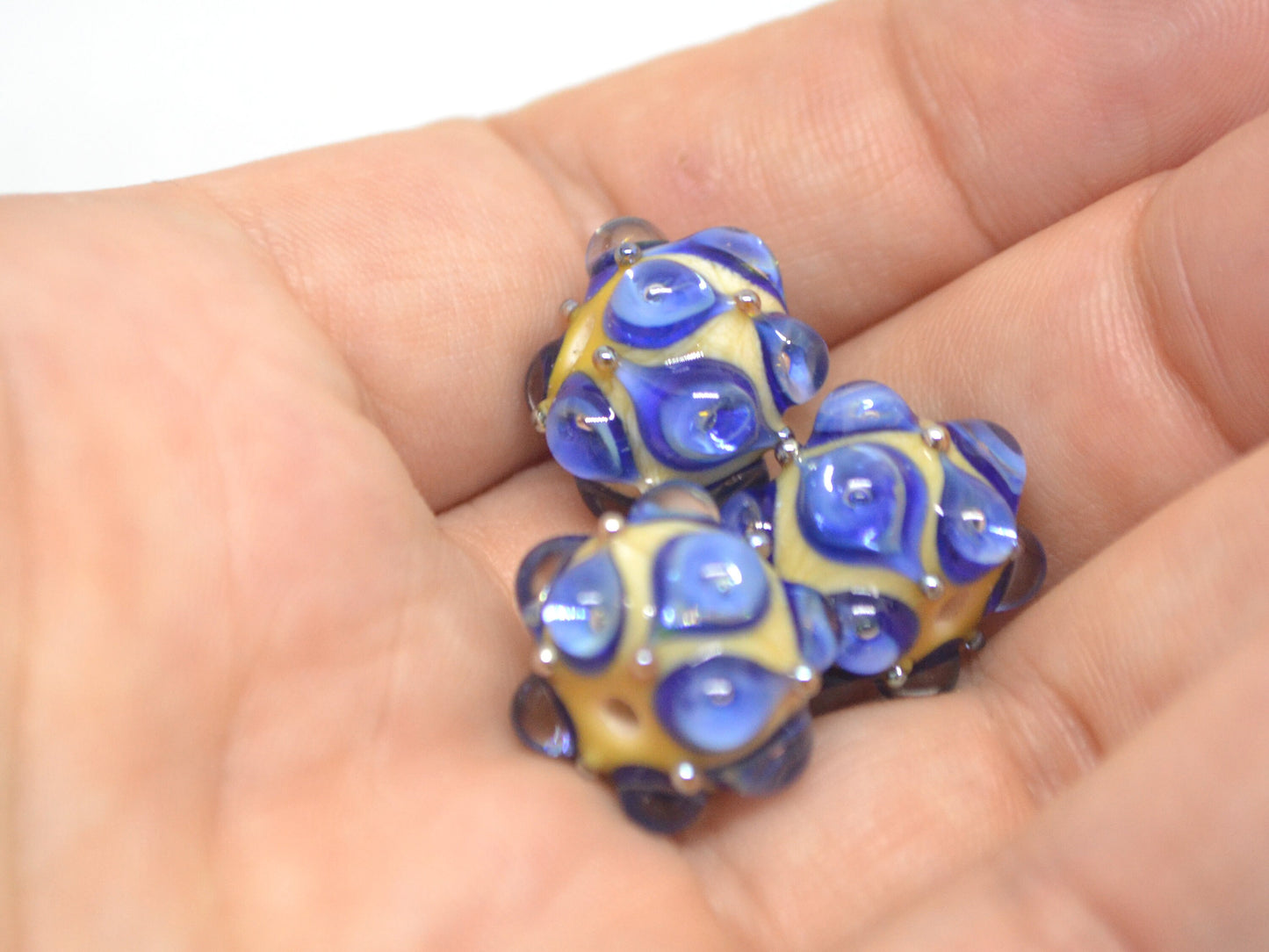 Blue beige handmade glass bead, 15 mm glass beads, Deep blue lampwork, Artisan lampwork, Beads for necklaces, Jewelry beads