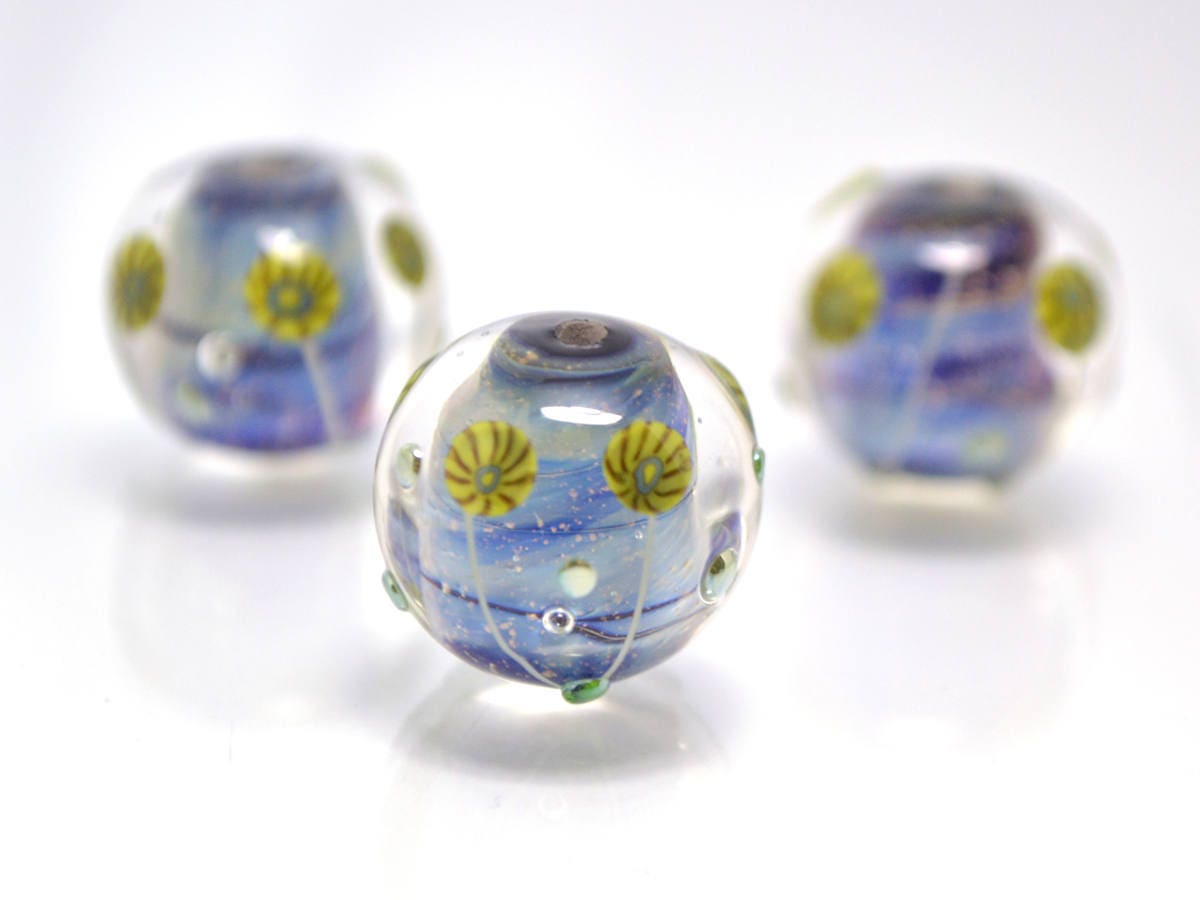 Nautical Lampwork bead handmade blue green yellow dust millefiori focal artisan lampwork aquarium set of beads for Jewelry making pendant