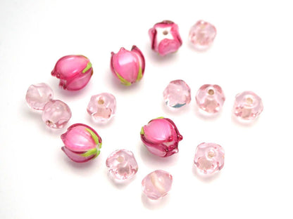 pink flower lampwork bead tender floral glass bud artisan handmade wedding jewelry making bracelet necklace pendant earrings bead set Leaf
