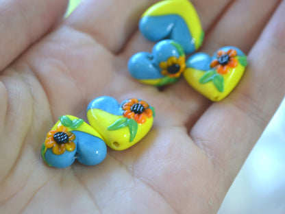 Yellow Blue Glass Heart, Lampwork Heart pendant, Heart with Sunflower, Ukraine symbol, Handmade lampwork, Stand with Ukraine
