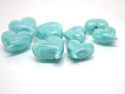 Turquoise heart beads, Green blue glass bead, Sparkle Lampwork heart, Heart shape bead, Glass Heart charm beads, Half-drilled beads