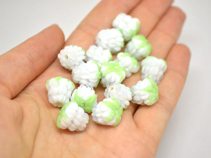 White lampwork raspberry, White glass berries, Berry jewelry making, Lampwork raspberries, Berry fruit beads, White Raspberry green leaf